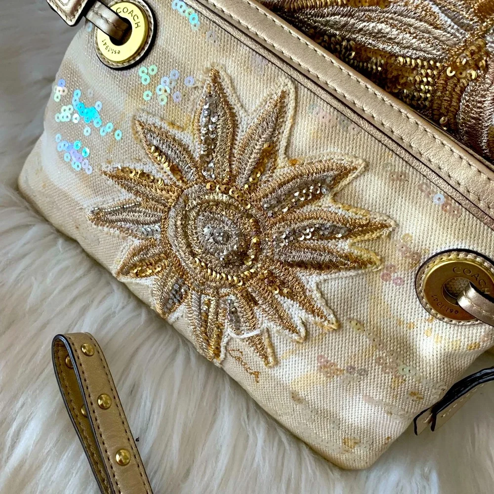 Coach Gold & Cream Floral Sequin Tote with Wristlet